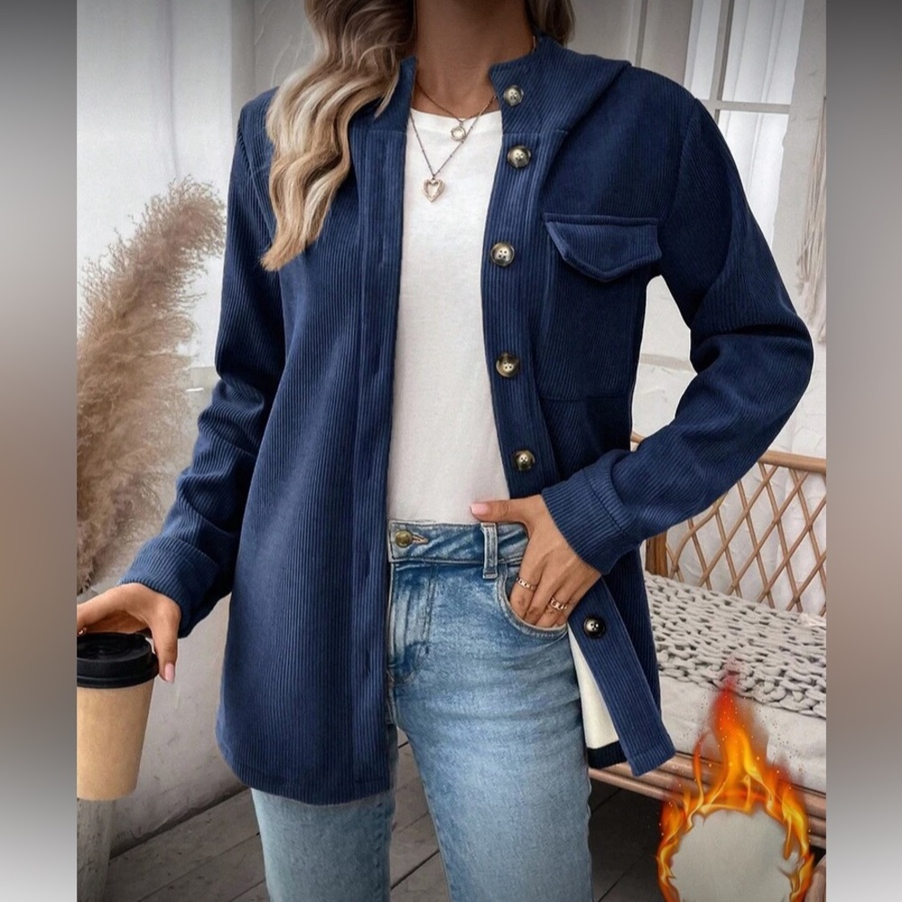 Navy Bkue Corduroy Teddy Lined Women's Jacket - Picture 7 of 7